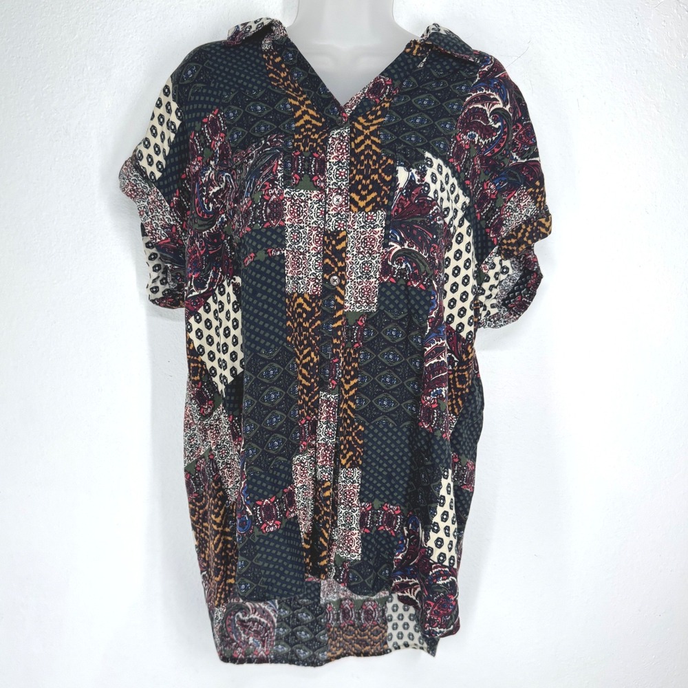 Intro Womens Patchwork Dark Paisley Button Shirt Short Sleeve Size L Indie 90s